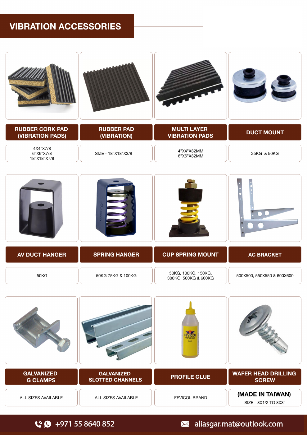 HVAC vibration accessories catalogue range including vibration pads, spring hangers and duct mounts